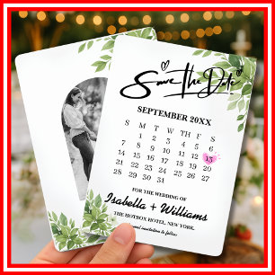 Reserva La Fecha Calendario de Boda con Corazón y Verde Salvia 
