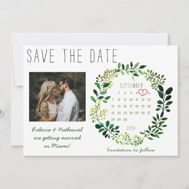 Reserva La Fecha Calendario de boda de vegetación con acuarela rúst (Anverso)