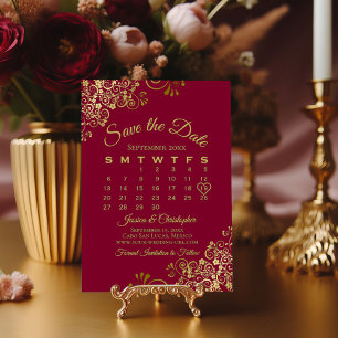 Reserva La Fecha Calendario de Boda Elegante Burgundy y Dorado Orna