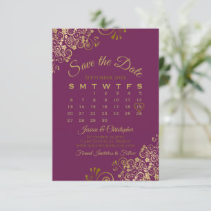 Reserva La Fecha Calendario de Boda Elegante Magenta Púrpura Rizos 