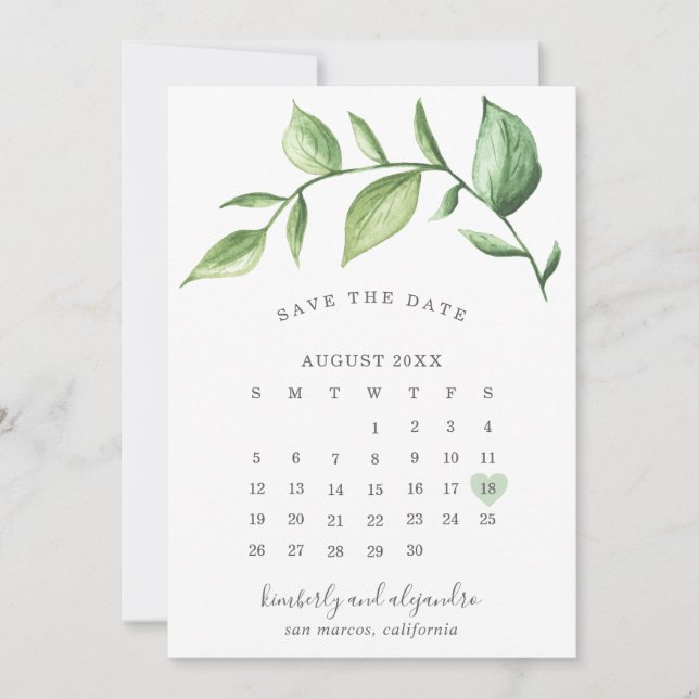 Reserva La Fecha Calendario de Boda Elegante y Rústico con Vegetaci (Anverso)