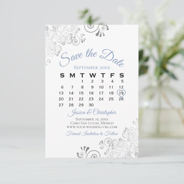 Reserva La Fecha Calendario de bodas azul gris y blanco simple y el (Anverso de pie)
