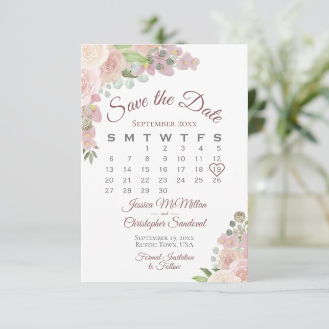 Reserva La Fecha Calendario de Bodas Boho elegante con flores rosad (Anverso de pie)