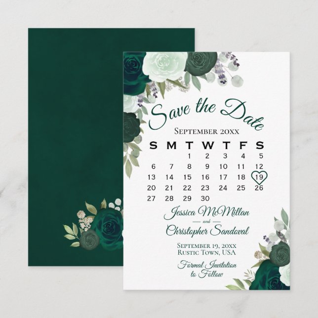 Reserva La Fecha Calendario de Bodas Boho elegante de floral verde  (Anverso / Reverso)
