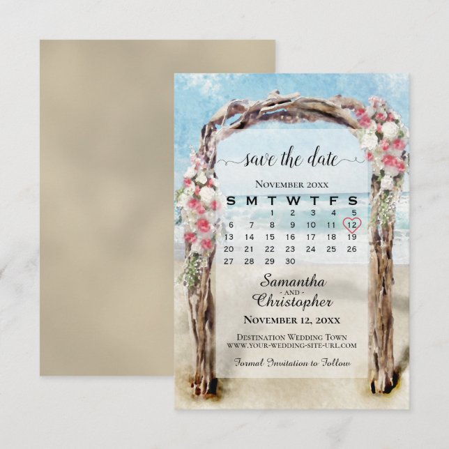 Reserva La Fecha Calendario de Bodas de Playa de Madera Flotante Fl (Anverso / Reverso)