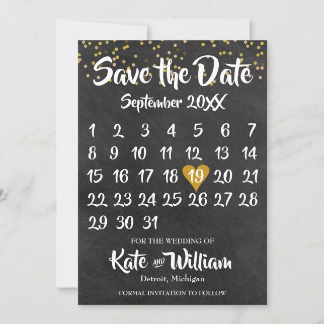 Reserva La Fecha Calendario de Chalkboard Gold Love Heart Guarda la (Anverso)