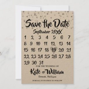 Reserva La Fecha Calendario de Corazón de Amor de Plata Rústico par