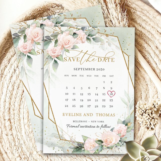 Reserva La Fecha Calendario de eucalipto del marco dorado del boho  (Trendy calligraphy script blush and gold save the date card)
