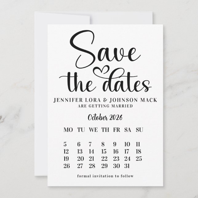 Reserva La Fecha Calendario de fechas de boda en blanco y negro par (Anverso)