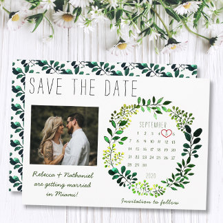 Reserva La Fecha Calendario de Fotos de Boda con Verde de Acuarela 