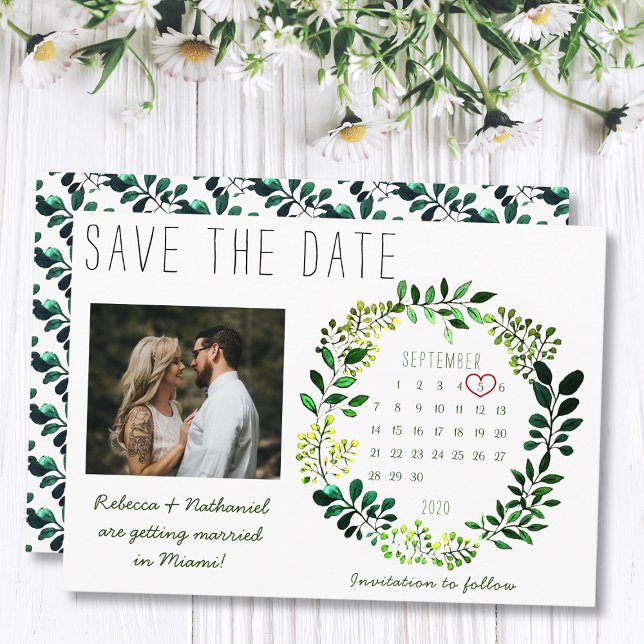 Reserva La Fecha Calendario de Fotos de Boda con Verde de Acuarela  (Subido por el creador)