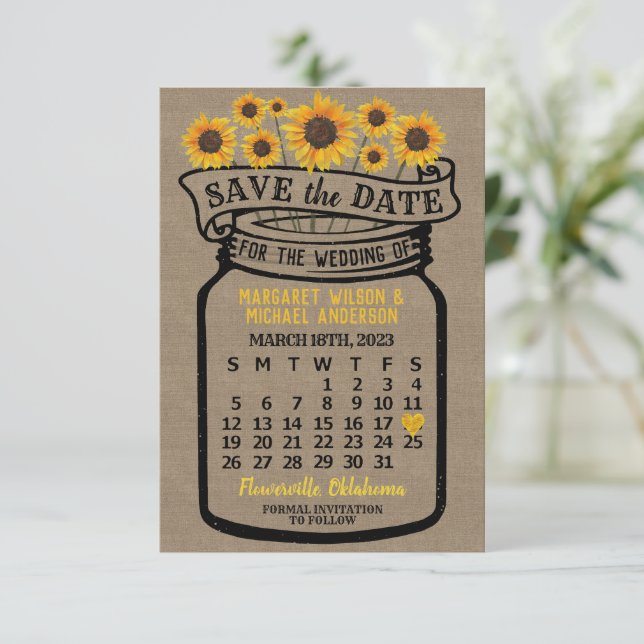 Reserva La Fecha Calendario de Marzo 2023 del boda Mason Jar Sunflo (Anverso de pie)
