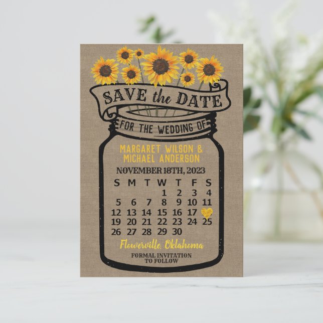 Reserva La Fecha Calendario de Noviembre de 2023 del boda Mason Jar (Anverso de pie)