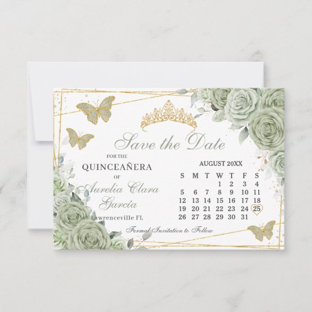 Reserva La Fecha Calendario de Quinceanera de Floral Verde Sage 16 (Anverso)