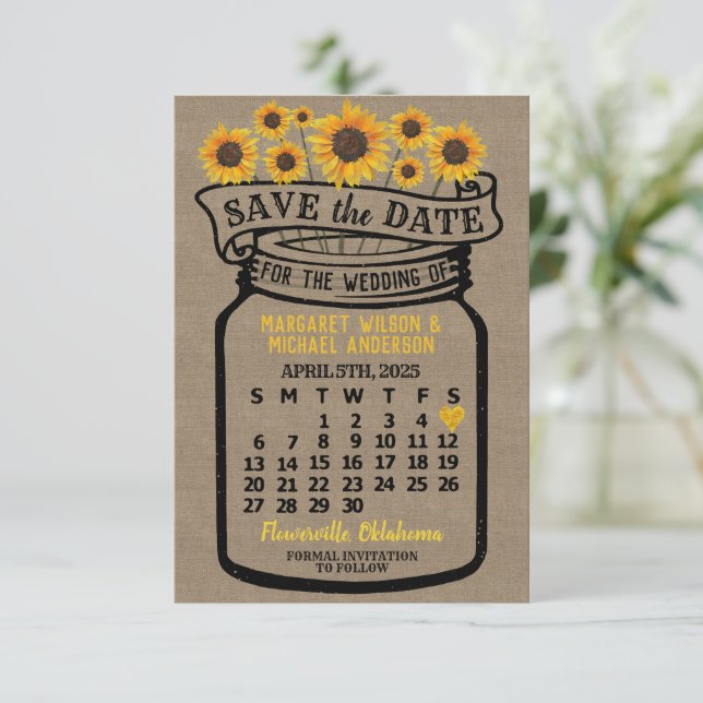 Reserva La Fecha Calendario del boda Mason Jar Sunflowers abril de  (Anverso de pie)