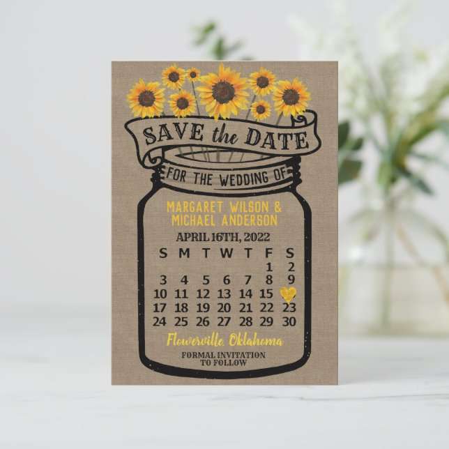 Reserva La Fecha Calendario del boda Mason Jar Sunflowers abril de  (Anverso de pie)