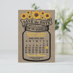 Reserva La Fecha Calendario del boda Mason Jar Sunflowers abril de 
