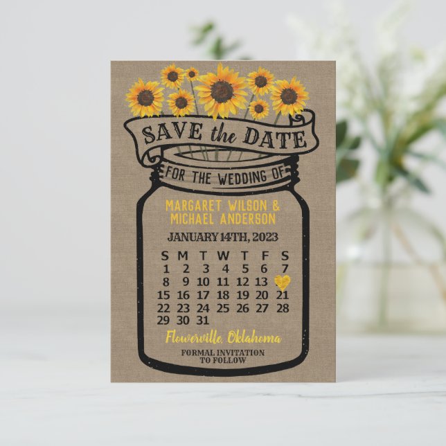 Reserva La Fecha Calendario del boda Mason Jar Sunflowers enero de  (Anverso de pie)