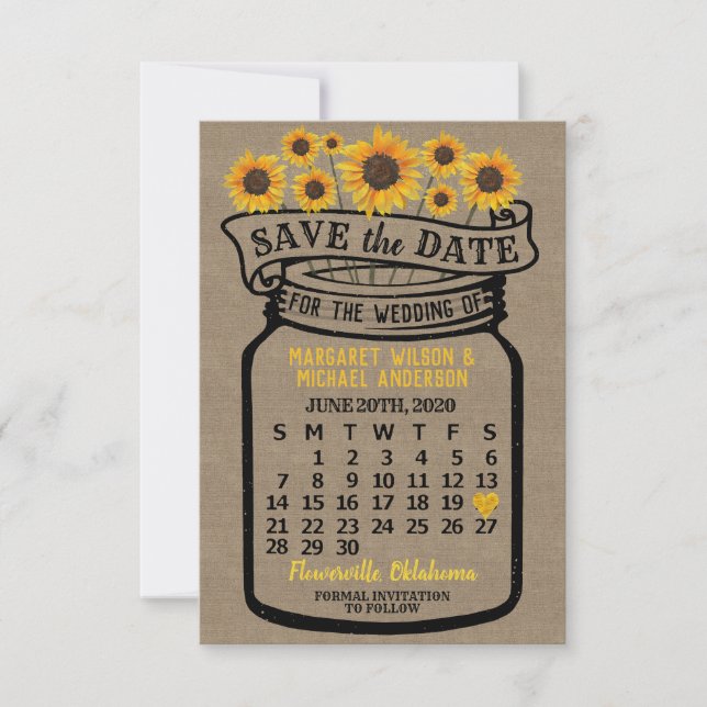 Reserva La Fecha Calendario del boda Mason Jar Sunflowers Junio 202 (Anverso)