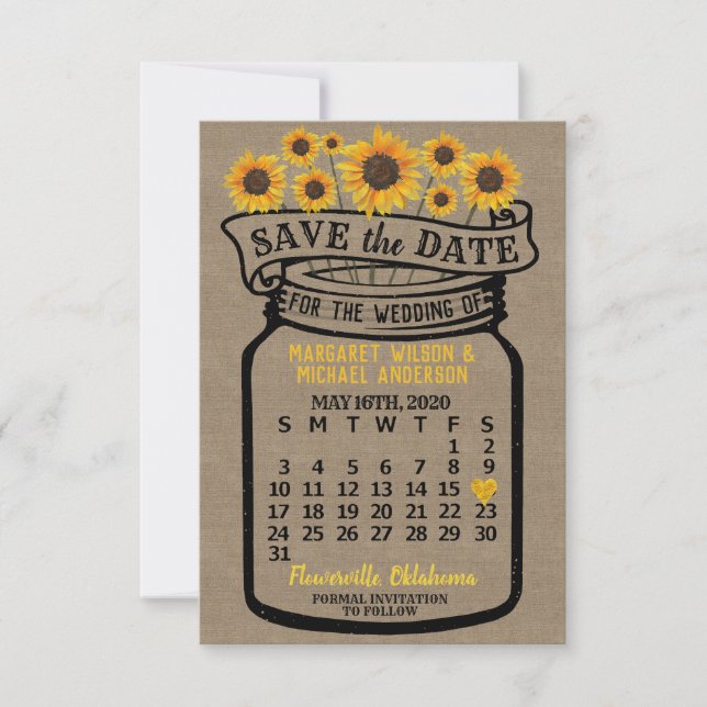 Reserva La Fecha Calendario del boda Mason Jar Sunflowers Mayo de 2 (Anverso)