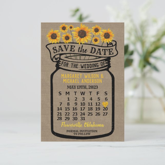 Reserva La Fecha Calendario del boda Mason Jar Sunflowers Mayo de 2 (Anverso de pie)