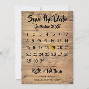Reserva La Fecha Calendario del corazón de amor dorado de madera rú