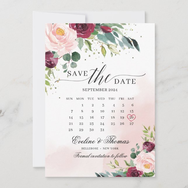 Reserva La Fecha Calendario del mes floral boho rosa burgundy (Anverso)