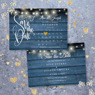 Reserva La Fecha Calendario Dorado Corazón Azul Rústico Boda Madera