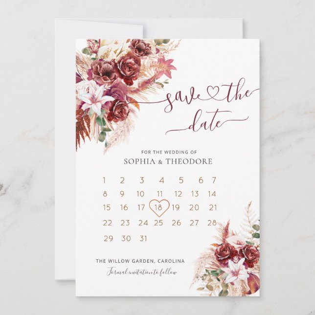 Reserva La Fecha Calendario Floral Burgundy & Blush (Anverso)