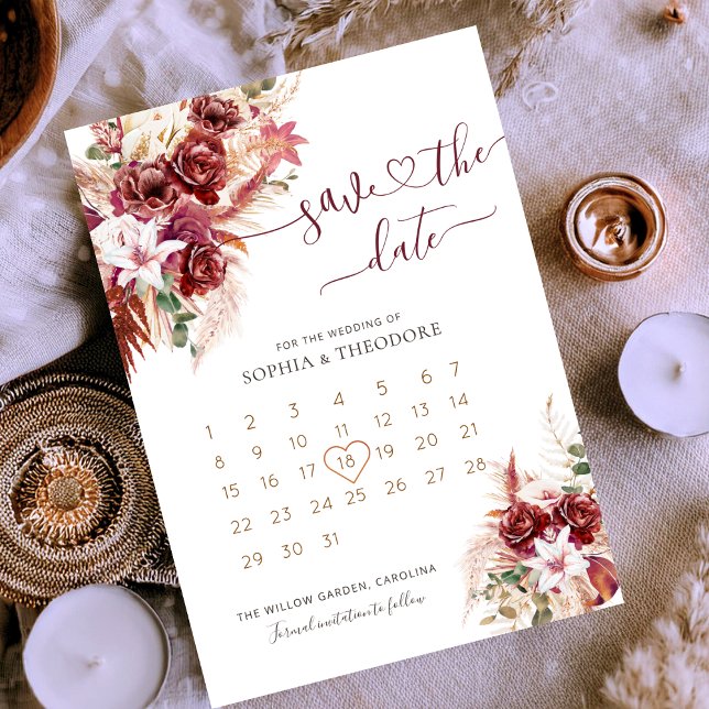 Reserva La Fecha Calendario Floral de Borgoña y Rubor (Subido por el creador)
