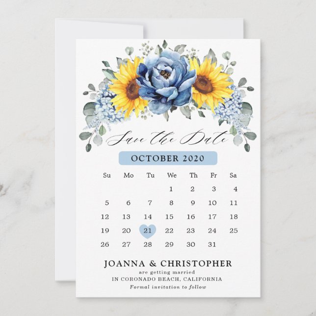 Reserva La Fecha Calendario floral de girasol Dusty Blue Slate Peon (Anverso)