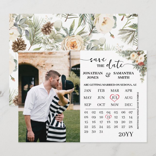 Reserva La Fecha Calendario floral de invierno con foto (Anverso / Reverso)