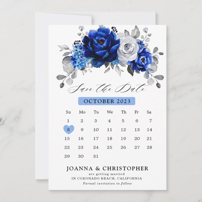 Reserva La Fecha Calendario floral metálico azul real blanco platea (Anverso)