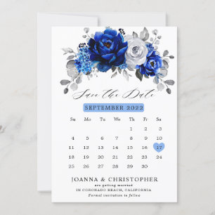 Reserva La Fecha Calendario floral metálico azul real blanco platea