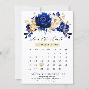 Reserva La Fecha Calendario floral metálico de oro amarillo azul re