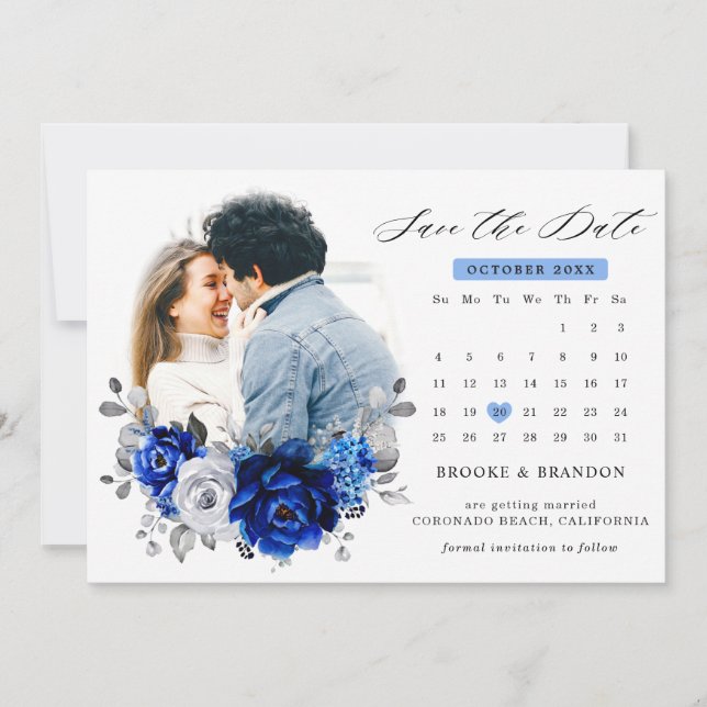 Reserva La Fecha Calendario floral metálico plateado azul real (Anverso)