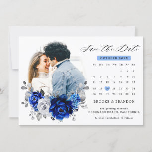 Reserva La Fecha Calendario floral metálico plateado azul real