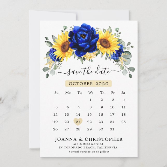 Reserva La Fecha Calendario floral moderno de girasol rústico azul  (Anverso)
