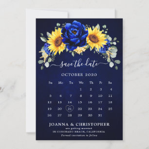 Reserva La Fecha Calendario floral moderno de girasol rústico azul 