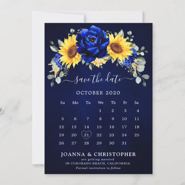 Reserva La Fecha Calendario floral moderno de girasoles rústicos az (Anverso)