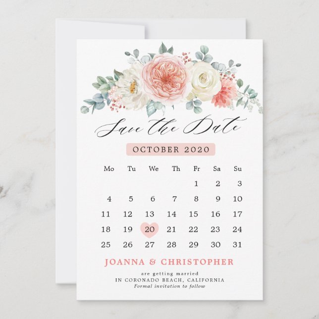 Reserva La Fecha Calendario floral rosa pastel de durazno de solsti (Anverso)