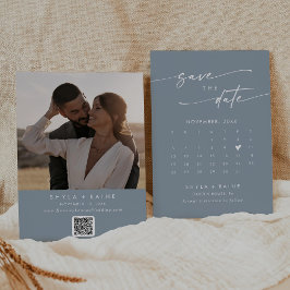 Reserva La Fecha Calendario fotográfico de código QR azul Moda Boho