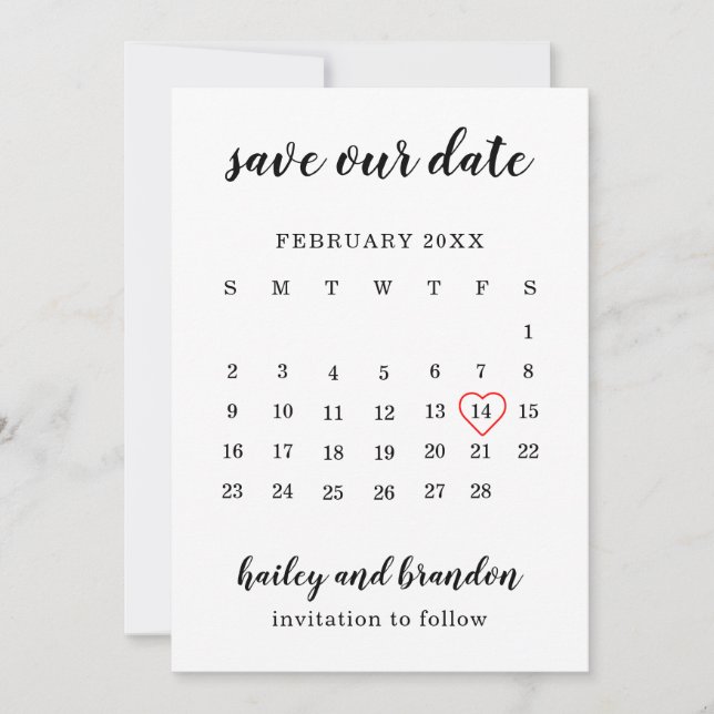 Reserva La Fecha Calendario Lindo Corazón Rojo Boda Moderna (Anverso)