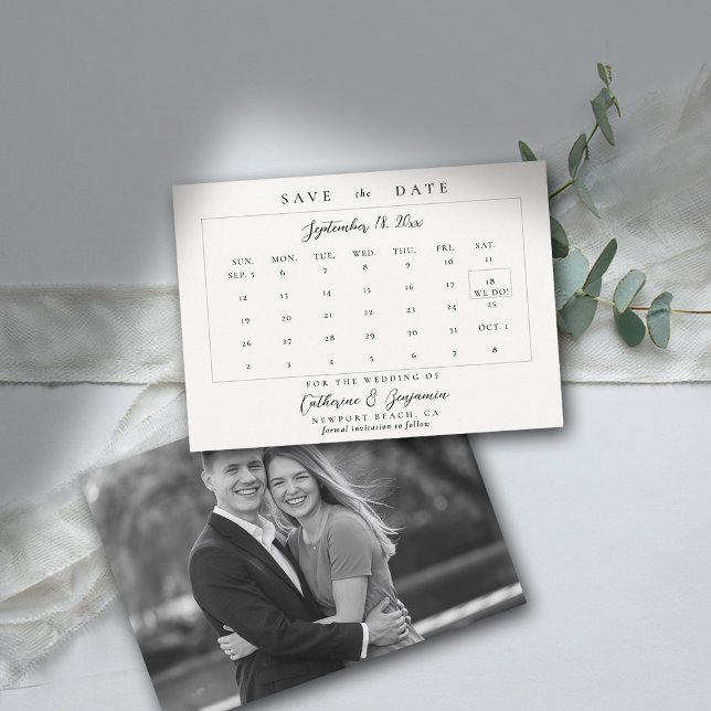 Reserva La Fecha Calendario Moderno caligrafía Elegante Boda fotogr (wedding calendar save the date modern minimalist calligraphy black white photo template)