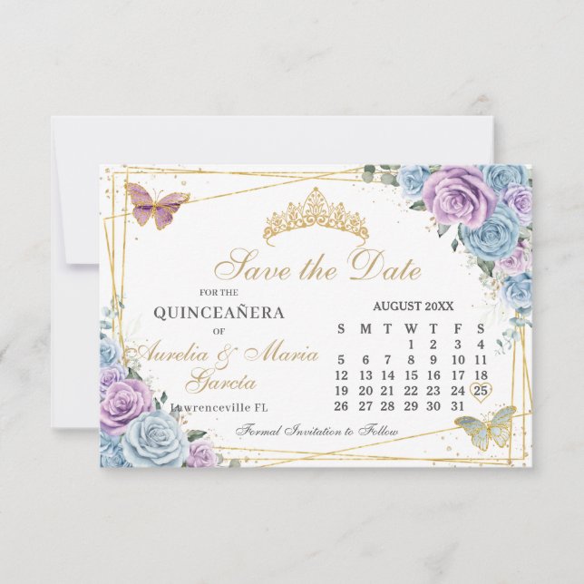 Reserva La Fecha Calendario Quinceanera de Gemelos Florales Azul Pú (Anverso)