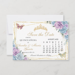 Reserva La Fecha Calendario Quinceanera de Gemelos Florales Azul Pú