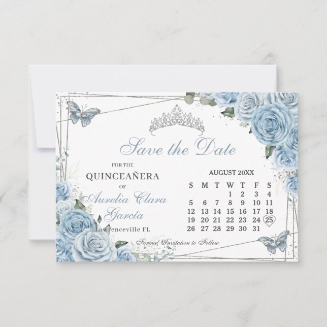 Reserva La Fecha Calendario Quinceanera dulce 16 de la floral azul  (Anverso)