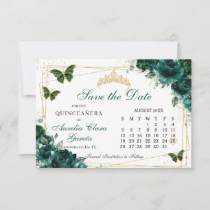 Reserva La Fecha Calendario Quinceañera Floral Verde Esmeralda 16