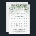 Reserva La Fecha Calendario rústico botánico de eucalipto Greenery<br><div class="desc">Elegante y moderno calendario de primavera / verano botánico de mitad de verano, salvo la tarjeta de fecha, cuenta con un ramo de suave color de agua verde de frondosas hojas / hojas botánicas / eucalipto y polvo de purpurina dorado . Encontrará más diseños y variaciones de mi tienda "blissweddingpaperie"....</div>