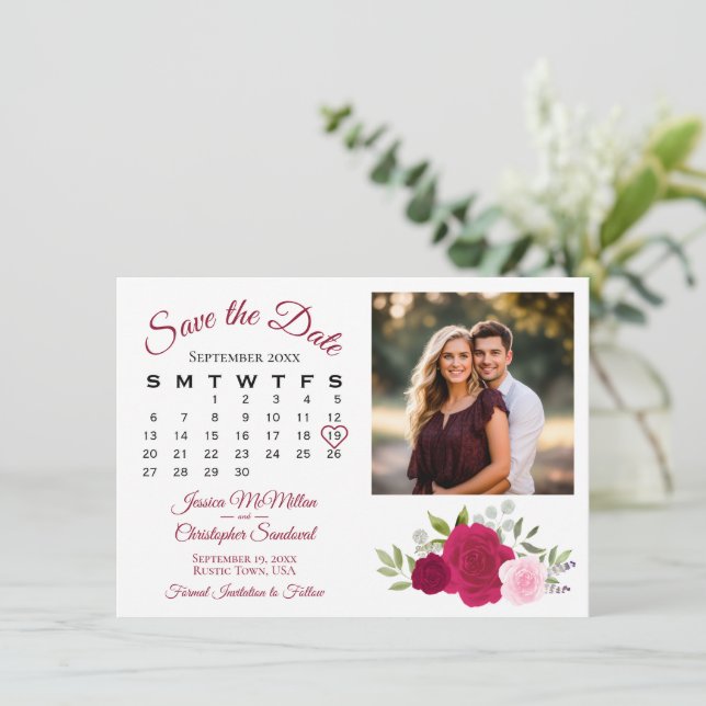 Reserva La Fecha Calendario y foto de Bodas de rosas magenta y rosa (Anverso de pie)